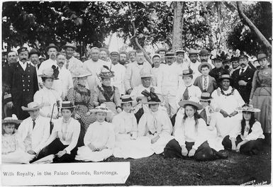 Group including Queen Makea and Premier R J Seddon, in Rarotonga, Cook Islands, during Premier R J Seddon's trip to the Pacific Islands