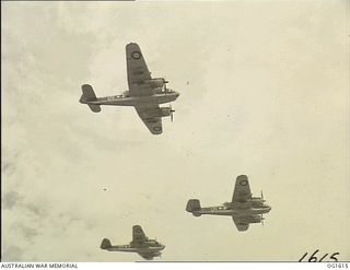 WEWAK AREA, NORTH EAST NEW GUINEA. C. 1944-10. AIRCRAFT OF NO. 8 (BEAUFORT) SQUADRON RAAF, CODE NAME UV-E, UV-S, UV-W, WING THEIR WAY HOME AFTER DROPPING BOMBS ON AN ENEMY TARGET NEAR WEWAK