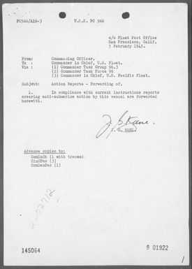 USS PC-560 - Report of A/S action in the Marshall Islands, 2/3/45