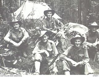 PROTHERO 2 AREA, FARIA RIVER, NEW GUINEA, 1944-02-16. MEMBERS OF NO.3 SECTION, NO.7 PLATOON, "A" COMPASNY, 57/60TH INFANTRY BATTALION. IDENTIFIED PERSONNEL ARE: VX144848 PRIVATE G.A. MCLEOD (1); ..