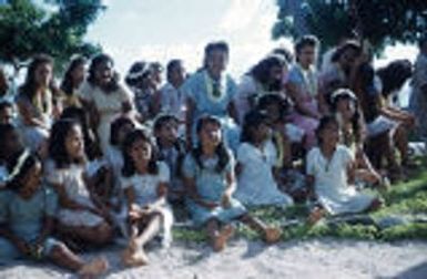 Native women and children posed for group picture, Likiep Atoll, August 20, 1949