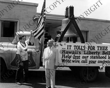 Former President Truman and Jackson McBride with the "Liberty Bell Brigade" truck