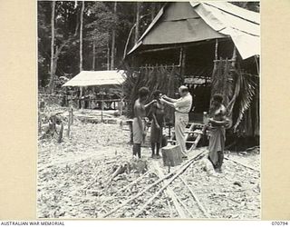 WAU - LAE ROAD, NEW GUINEA, 1944-03-2. VX93088 SERGEANT R.J. FOWLER, KNOWN AS THE "LIK LIK DOCTOR", EXAMINES PATIENTS AT A NATIVE HOSPITAL SEVENTY SIX AND A HALF MILES FROM WAU