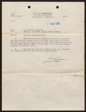 [Message from Commanding Officer of the USS Hancock to James R. Connor - May 10, 1945]