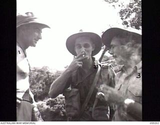 LALOKI VALLEY, NEW GUINEA. 1943-11-05. THREE MEMBERS OF A PATROL FROM THE NEW GUINEA FORCE TRAINING SCHOOL (JUNGLE WING) DISCUSSING LOCAL FEATURES, DURING A SPELL. LEFT TO RIGHT: WARRANT OFFICER 1. ..