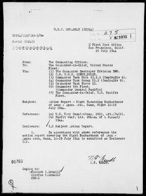 USS MONAGHAN - Report of Night Harassing Bombardment of Asan – Agana Area, Guam Island, Marianas – Night of 7/18-19/44