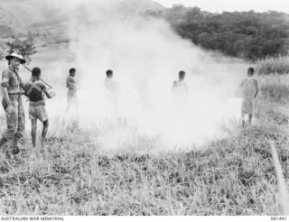 DUMPU, NEW GUINEA. 1943-12-06. NATIVES EMPLOYED BY THE 18TH AUSTRALIAN ANTI-MALARIAL CONTROL UNIT DUSTING AN AREA WITH DDT POWDER IN AN EFFORT TO KILL THE MALARIAL MOSQUITO. QX44074 SERGEANT A. F. ..