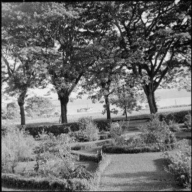 View across the Chinnery garden with a ship visible in the harbour, Malaguna Road, Rabaul, New Guinea, ca. 1936 / Sarah Chinnery