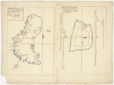 Plan of the isle of Guam, named by the Spanish Mariana, one of the ladrone islands; Plan and veüe of the Passion discovered on 4 April 1711 by the vessels of mr. Piecourt from China to Peru...