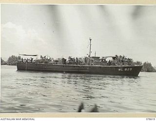 JACQUINOT BAY, NEW BRITAIN. 1945-01-12. FAIRMILE ML825 OF THE ROYAL AUSTRALIAN NAVY PORT DIRECTORATE, JACQUINOT BAY AT ANCHOR