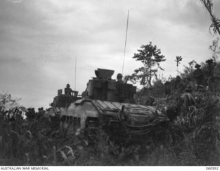 SATTELBERG AREA, NEW GUINEA. 1943-11-17. TANKS OF THE 1ST AUSTRALIAN ARMY TANK BATTALION AND TROOPS OF THE 2/48TH AUSTRALIAN INFANTRY BATTALION WAITING FOR THE ORDER TO BEGIN THE ATTACK ON ..