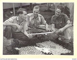 LAE AREA, NEW GUINEA. 1945-06-03. DURING AN EXHIBITION OF HOBBIES AND CRAFTS SERGEANT R. RYAN, HANDICRAFT INSTRUCTOR AT 112 CONVALESCENT DEPOT (1), DISCUSSES SAMPLES OF SILK FANCY WORK MADE BY ..