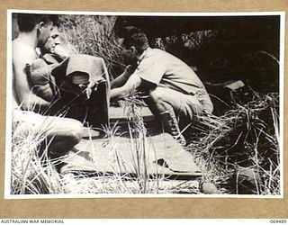 MELBOURNE, VICTORIA, AUSTRALIA. 1944-03-03. COPY OF A SCENE FROM A CINE STRIP OF AUSTRALIAN MEDICAL ORDERLIES PLACING A PATIENT ON A STRETCHER AT A FIELD DRESSING STATION SOMEWHERE IN NEW GUINEA