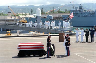 Air Force General Jerome F. O'Malley and Marine Corps Sergeant Major Alan J. Kellog Jr. (right), salute during a wreath laying ceremony for the Unknown Soldier of the Vietnam War. The casket will be transported aboard the frigate USS BREWTON (FF 1086) to California. Its final destination will be the Tomb of the Unknown Soldier at Arlington National Cemetary, Virginia