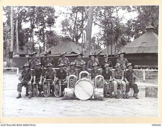 TOROKINA, BOUGAINVILLE. 1945-11-24. THE REGIMENTAL BAND OF 27 INFANTRY BATTALION. (FOR IDENTIFICATION OF 17 NAMED PERSONNEL REFER TO PROVISIONAL CAPTION OR NAME INDEX)