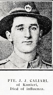 Pte J J Caliari of Kanieri, died of influenza