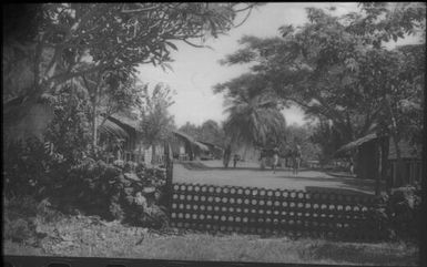 Village houses showing the rock wall in the crevices of which we found day-resting adult anopheline mosquitoes : Nissan Island, Papua New Guinea, 1960 / Terence and Margaret Spencer