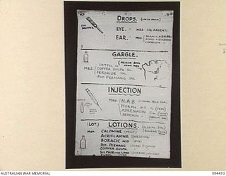 LAE AREA, NEW GUINEA, 1945-08-03. A "PIDGIN" ENGLISH CHART USED FOR THE INSTRUCTION OF NATIVE REGIMENTAL AID POST ORDERLIES. THE PHOTOGRAPH WAS MADE AT THE REQUEST OF HEADQUARTERS AUSTRALIAN NEW ..