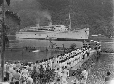 [The "Monterey" passenger liner of the Matson Line, coming in to dock, during World War II]