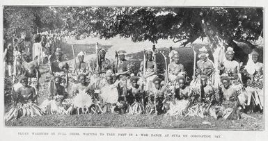 Fijian warriors in full dress, waiting to take part in a war dance at Suva on Coronation day