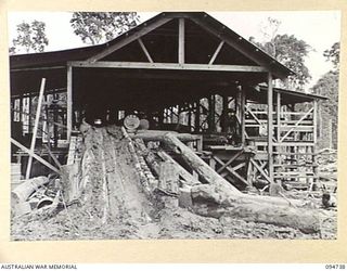 YALU AREA, NEW GUINEA, 1945-07-30. THE LOGGING END OF THE SAW MILL OPERATED BY NO. 3 PLATOON, 2/1 FORESTRY COMPANY, ROYAL AUSTRALIAN ENGINEERS