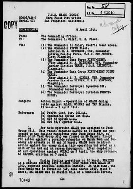 USS MEADE - Rep of Ops During Raids Against Palau, Woleai & Yap Islands, 3/23/44 - 4/7/44