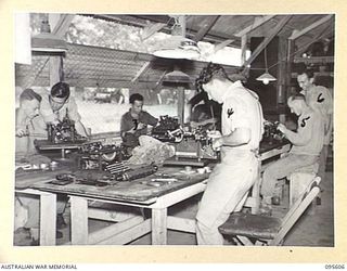 LAE AREA, NEW GUINEA. 1945-08-31. THE TYPEWRITER REPAIR WORKSHOP, 9 LINES OF COMMUNICATION STATIONERY DEPOT