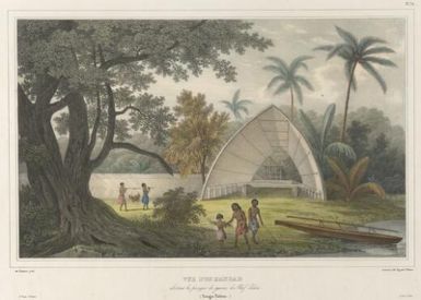 Vue d'un hangar abritant la pirogue de guerre du chef Palou, Tonga-Tabou / de Sainson pinx.; Leborne lith.; fig. par V. Adam