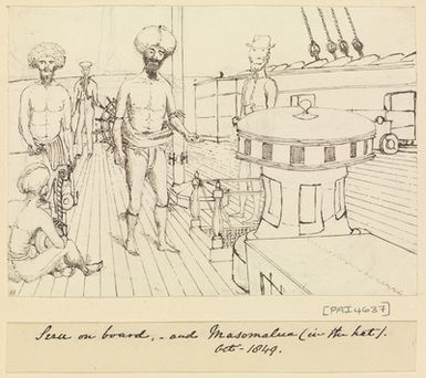 'Seru [Seru Epenisa Cakobau (Thakombau)] , on board, and Masomalua (in the hat), Octr 1849' [Fiji]