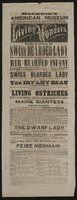 Handbill: Advertisement for Barnum's American Museum featuring the Swiss Bearded Lady, Living Ostriches, and Fiji Mermaid for May 21, 1855