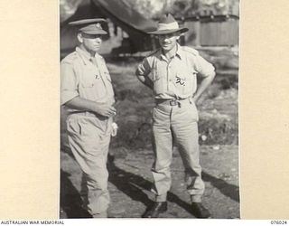 LAE, NEW GUINEA. 1944-09-18. TX2002 BRIGADIER J. FIELD, DSO, ED, COMMANDING, 7TH INFANTRY BRIGADE (1) AND VX48010 MAJOR J. SUMMERTON (2) TWO MEMBERS OF A PARTY OF AUSTRALIAN SERVICEMEN WHOSE ..
