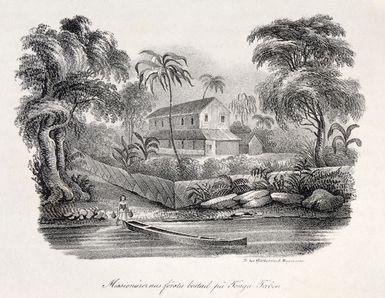 [Sainson, Louis Auguste de] b 1800 :Missionarernas forsta bostad pa Tonga Tabou [Premier etablissement des missionnaires a Tonga Tabou] Pl 160. [Stockholm?] Gothstrom & Magnusson, [ca 1838]