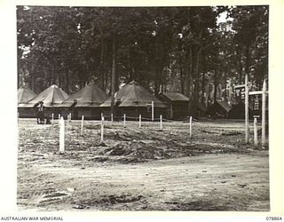 TOROKINA, BOUGAINVILLE ISLAND. 1945-02-04. A SECTION OF THE CAMP AREA OF THE 58/59TH INFANTRY BATTALION LOOKING SOUTH EAST