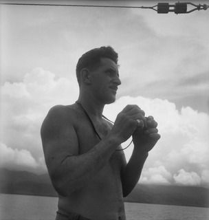 NEW BRITAIN. 1945-05-01. WARRANT OFFICER I A.D. EDWARDS, SECOND MATE ABOARD THE AK82, A VESSEL ON STRENGTH OF THE 16 WATERCRAFT COMPANY, ROYAL AUSTRALIAN ENGINEERS. HE IS A DIRECT DESCENDANT OF ..