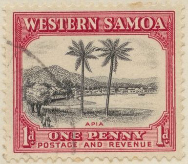 Stamp from Gösta Bodman’s philatelistic collection of motifs, begun in 1950.
Stamp from Samoa Islands, 1935. Motif of palm trees at the capital Apia on the island of Upolu.