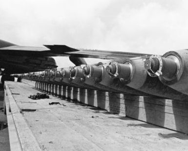 Bombs lined up as preparations are made for LINEBACKER Operations over North Vietnam