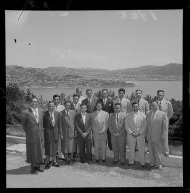 Group of unidentified Fijian Civil Servants on a course at Mount Crawford Prison with view to Wellington City behind