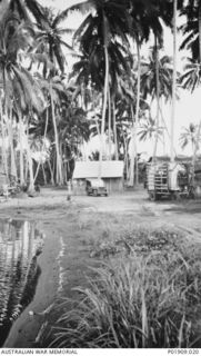 Oro Bay, New Guinea. 1943. The 83rd Anti-Aircraft Searchlight Battery headquarters set among palm trees. Note the covered searchlight on the mobile base at the right