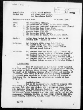 USS MAURY - Rep of Ops During Carrier Air Ops in Support of Landings on the Palau Is, & During Strikes on the Ryukyu, Formosa, & Philippine Is, 9/24/44 - 10/15/44