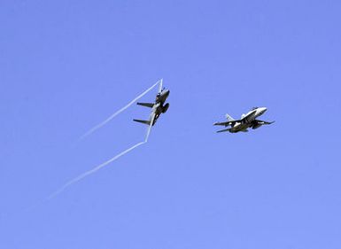 A US Air Force (USAF) F-15C Eagle, 67th Fighter Squadron (FS), Kadena Air Base (AB), Okinawa, peels off from a two ship formation with a US Marine Corps (USMC) F/A-18D Hornets, Marine Fighter Attack Squadron (All Weather)-224 (VMFA(AW)-224), Iwakuni, Japan, above Andersen Air Force Base (AFB), Guam, during Exercise COPE NORTH. COPE NORTH is an exercise that includes troops from the US Air Force, US Marines, and US Navy training with troops from the Japanese Air Self Defense Force (JASDF)