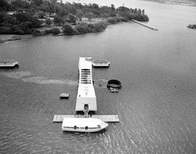 An elevated view of the USS ARIZONA MEMORIAL