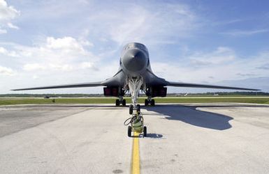 A US Air Force (USAF) B-1B Lancer parked on the ramp at Andersen Air Force Base (AFB), Guam. The B-1B is here in support of the 7th Air Expeditionary Wing's (AEW) mission