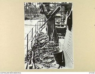 MADANG, NEW GUINEA. 1944-05-18. SIGNALMAN C. MCMANUS RE-LOADING A .50 CALIBRE BROWNING M2 MACHINE GUN ABOARD HMA MOTOR LAUNCH 431. THE EMPTY SHELL CASES AT THE FOREGROUND WERE EXPENDED DURING THE ..
