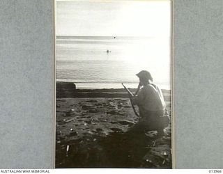 WHEN THE FIRST LINE OF AUSTRALIAN INFANTRY PASSED OVER THEIR POSITIONS FOUR JAPANESE RACED INTO THE WATER. CALLED ON TO SURRENDER, THREE OF THEM STARTED TO SWIM OUT TO SEA AND WERE SHOT. THE FOURTH ..