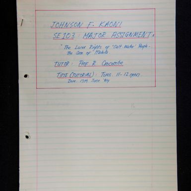 Land rights of the Salt water people -  the case of Malaita, by Johnson F. Kaoni, 1984