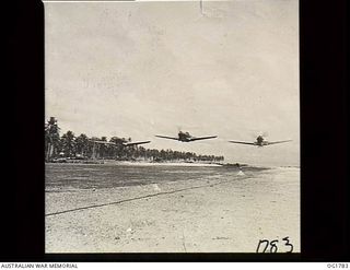 MOMOTE, LOS NEGROS ISLAND, ADMIRALTY ISLANDS. C. 1944-04. WHEN FIGHTER AIRCRAFT OF NO. 76 (KITTYHAWK) SQUADRON RAAF ARE ON PATROL THEY KEEP IN CLOSE FORMATION BECAUSE THEY CAN BRING GREATER ..