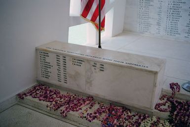 A marker inside the shrine room of the USS ARIZONA Memorial listing the names of survivors of the sinking of the battleship that have since been interned aboard the sunken ship upon their passing. There were 268 survivors who may be interned on their fallen ship. This marker names those who have chosen to do so