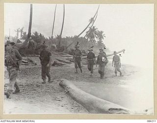 SUAIN PLANTATION, NEW GUINEA. 1944-12-08. BRIGADIER J.E.G. MARTIN, COMMANDER 19 INFANTRY BRIGADE, (4), ACCOMPANIED BY SENIOR OFFICERS, EXAMINES THE AREA. IDENTIFIED PERSONNEL ARE:- PRIVATE W.M. ..