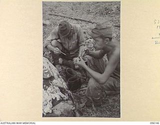 MUSCHU ISLAND, NEW GUINEA. 1945-09-11. GROUP OF JAPANESE SOLDIERS HAVING THEIR MID-DAY MEAL. THE ISLAND IS NOW OCCUPIED BY HEADQUARTERS 6 DIVISION AND THE JAPANESE ARE ENGAGED ON BUILDING HOSPITAL ..