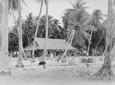 [Distant view of a woman standing outside a building]
